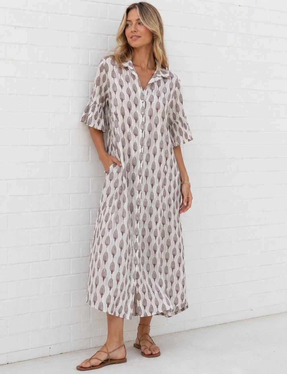 New! Marigold $95 Block Print Cotton Button Front Ruffle Sleeve Maxi Dress LG
